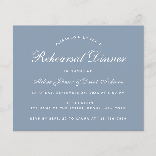 Dusty Blue Rehearsal Dinner Budget Invitation (Front)