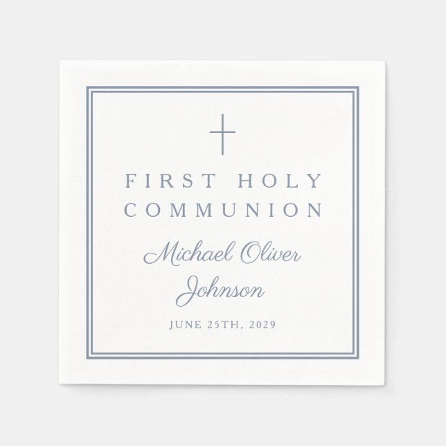 Dusty Blue Religious Boy First Holy Communion Napkin (Front)