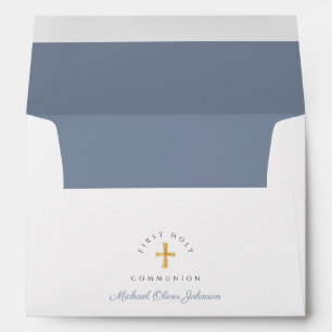 Dusty Blue Religious Cross Boy First Communion Envelope