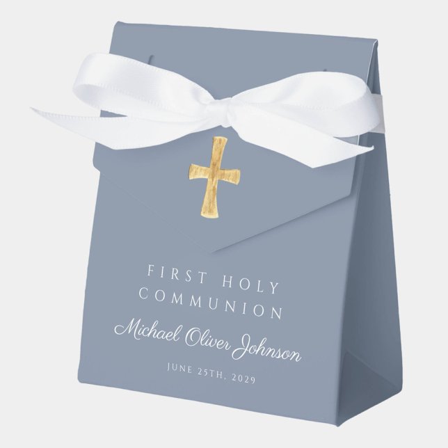 Dusty Blue Religious Cross Boy First Communion Favor Box (Creator Uploaded)