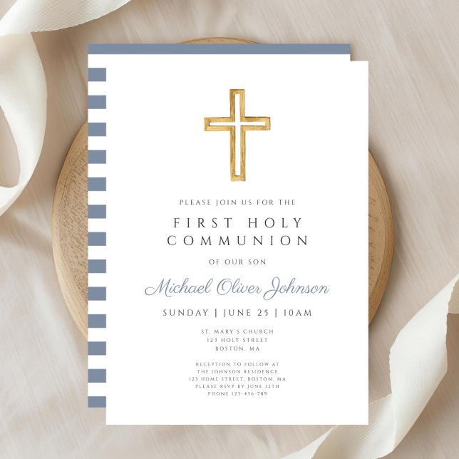 Dusty Blue Religious Cross Boy First Communion Invitation (Dusty Blue Religious Cross Boy First Communion Invitation)