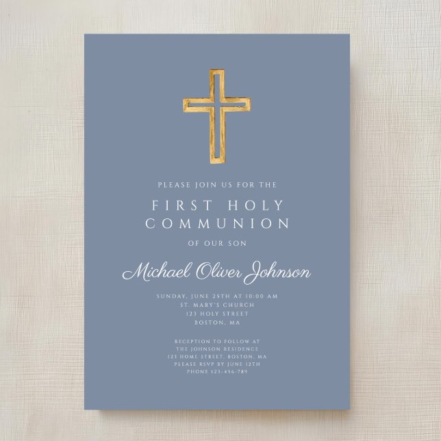 Dusty Blue Religious Cross Boy First Communion Invitation (Dusty Blue Religious Cross Boy First Communion Invitation)