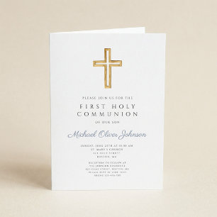Dusty Blue Religious Cross Boy First Communion Invitation