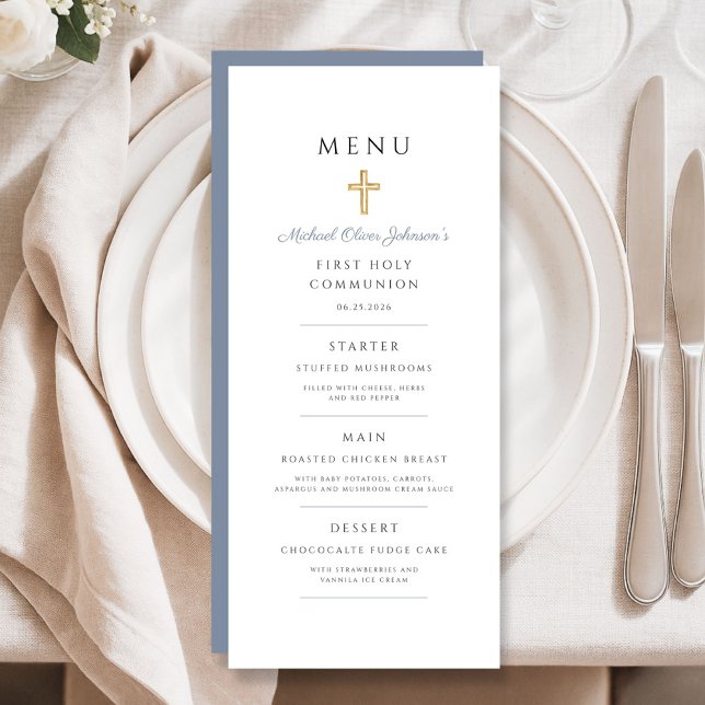 Dusty Blue Religious Cross Boy First Communion Menu (Dusty Blue Religious Cross Boy First Communion Menu)