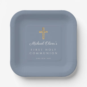 Dusty Blue Religious Cross Boy First Communion Paper Plate