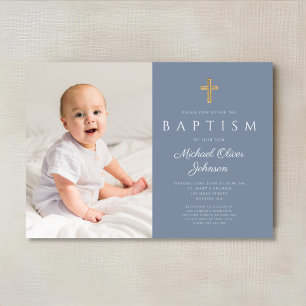Dusty Blue Religious Cross Boy Photo Baptism Invitation