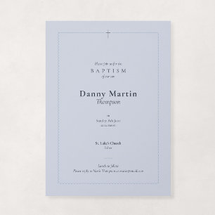 Dusty Blue Religious Scalloped Cross Baptism Invitation
