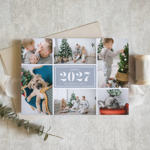 Dusty Blue Retro 2027 Six Photo Collage New Year Holiday Card