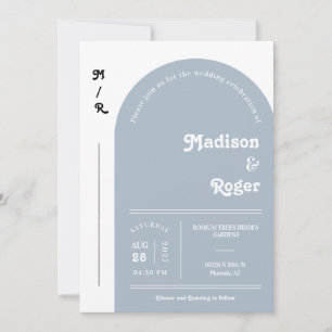 Dusty Blue Retro Arch Photo QR Code RSVP Groovy Invitation