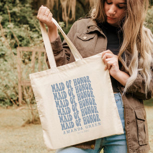 Dusty Blue Retro Boho Personalized Maid Honour Tote Bag