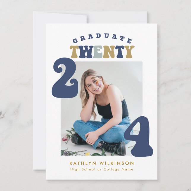 Dusty Blue Retro Groovy Script Photo Graduation Invitation (Front)
