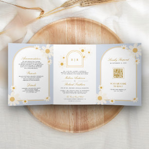 Dusty Blue Retro Yellow Daisy All in One Wedding Tri-Fold Invitation