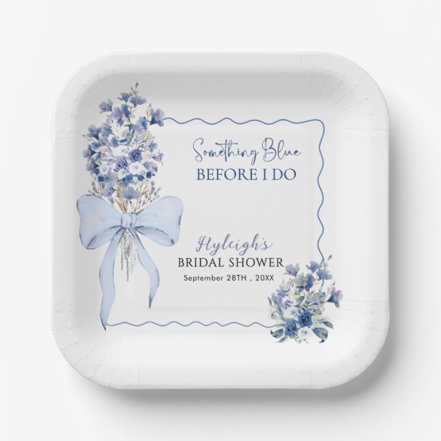 Dusty Blue Ribbon Bow Calla Lily Bridal Shower  Paper Plate (Front)