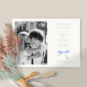   Dusty Blue Ribbon Bow   Off White Save the Date Invitation