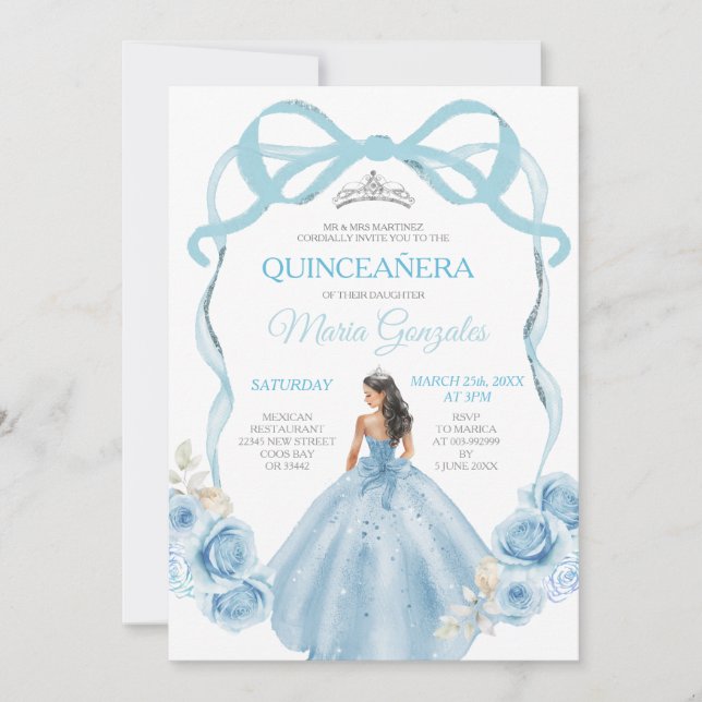 Dusty Blue Ribbon Bow Princess Mis Quince Invitation (Front)