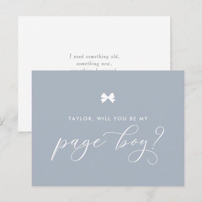 Dusty Blue Ribbon Bow Will You Be My Page Boy Card (Front/Back)