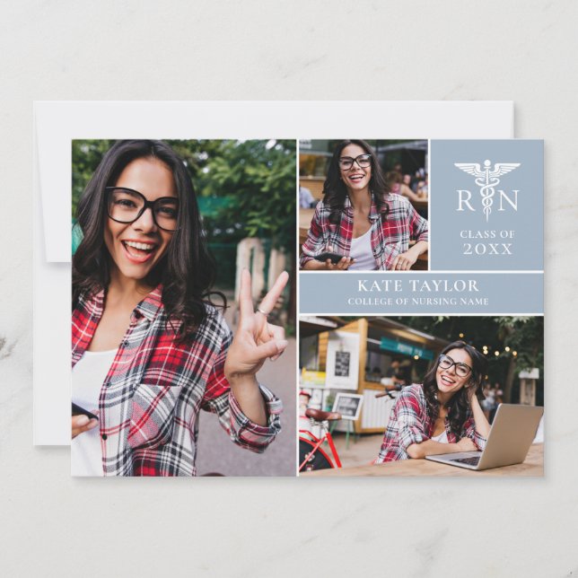 Dusty Blue RN Nursing 3 Photo Graduation Party Invitation (Front)