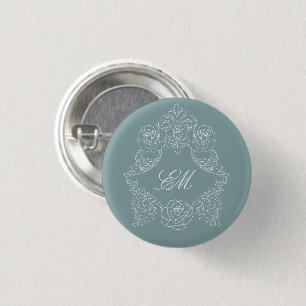 Dusty Blue Rococo Crest Monogram 1 Inch Round Button