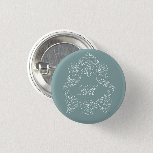 Dusty Blue Rococo Crest Monogram 1 Inch Round Button (Front & Back)