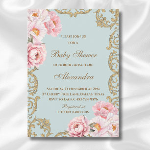 Dusty Blue Rococo Vintage Floral Baby Shower Invitation