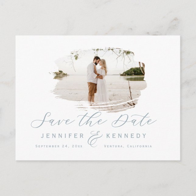 Dusty Blue Romantic Brushed Frame Save The Date Postcard (Front)