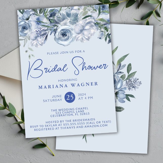 Dusty Blue Romantic Floral Bridal Shower Invitation (Creator Uploaded)