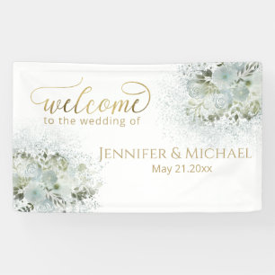 Dusty blue romantic floral gold calligraphy banner