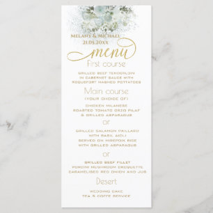 Dusty blue romantic floral gold calligraphy menu