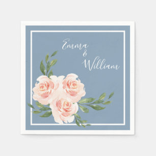 Dusty Blue Romantic Floral Modern Script Wedding Napkin
