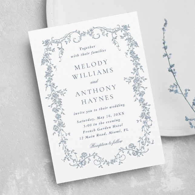 Dusty Blue Romantic French Floral Wedding  Invitation (Creator Uploaded)
