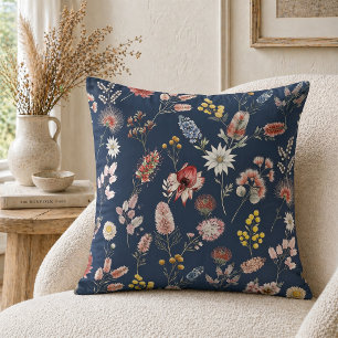 Dusty Blue Romantic Moody Watercolor Wildflowers Throw Pillow