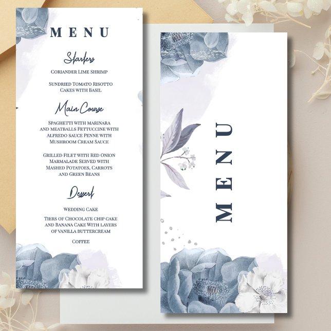 Dusty Blue Romantic Wedding Reception Dinner Menu (Dusty Blue Romantic Floral Wedding Menu Card | Elegant Reception Menu)