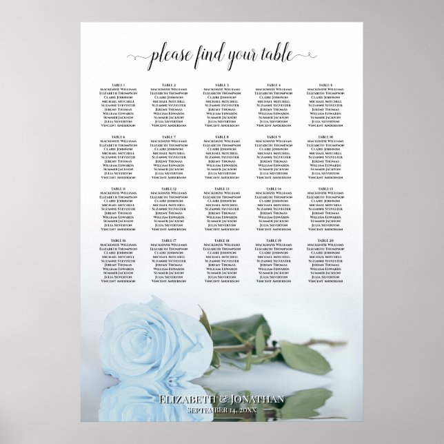 Dusty Blue Rose 20 Table Wedding Seating Chart (Front)