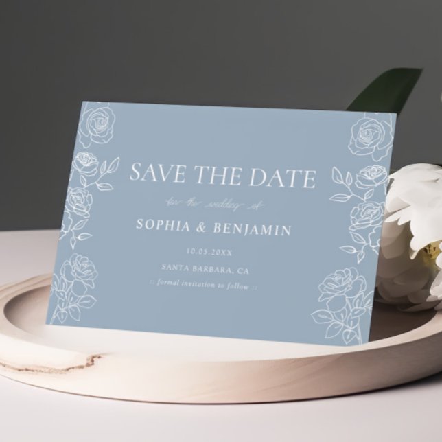 Dusty Blue Rose Classic Wedding Date Floral Save The Date (Creator Uploaded)