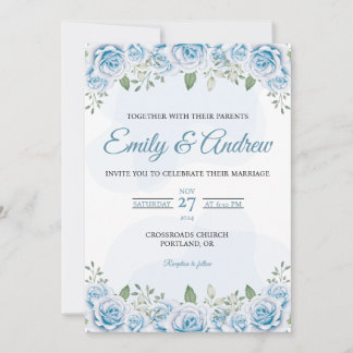 Dusty Blue Rose Elegant Floral Watercolor Wedding Invitation