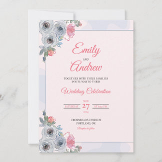 Dusty Blue Rose Elegant Floral Watercolor Wedding Invitation
