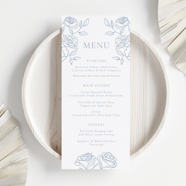 Dusty Blue Rose Elegant Wedding Dinner Menu (Creator Uploaded)