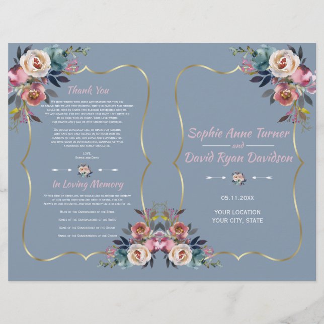 Dusty Blue Rose Fleurs Programme de mariage d'or (Devant)
