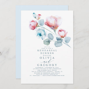 Dusty Blue Rose Floral Elegant Rehearsal Dinner Invitation