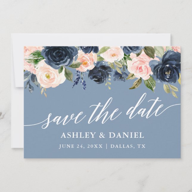 Dusty Blue Rose Floral Enregistrer La Carte Date (Devant)