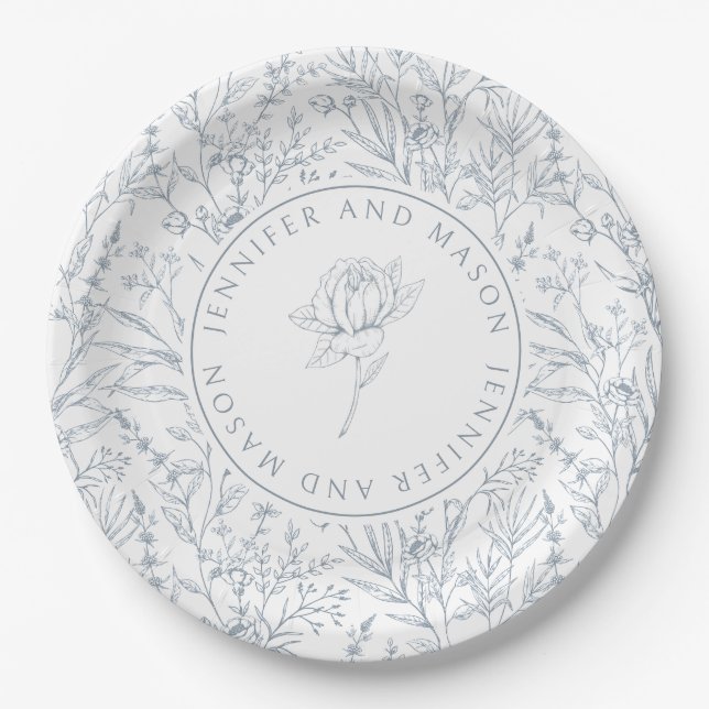 Dusty blue rose floral pattern wedding paper plate (Front)
