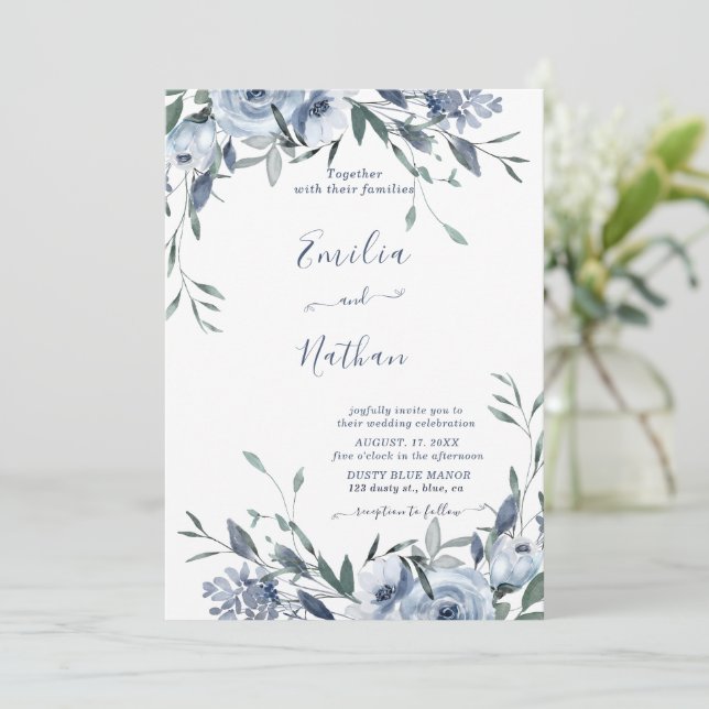 Dusty Blue Rose Floral Wedding Invitation (Standing Front)