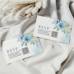 Dusty Blue Rose Floral Wedding QR Code RSVP Enclosure Card