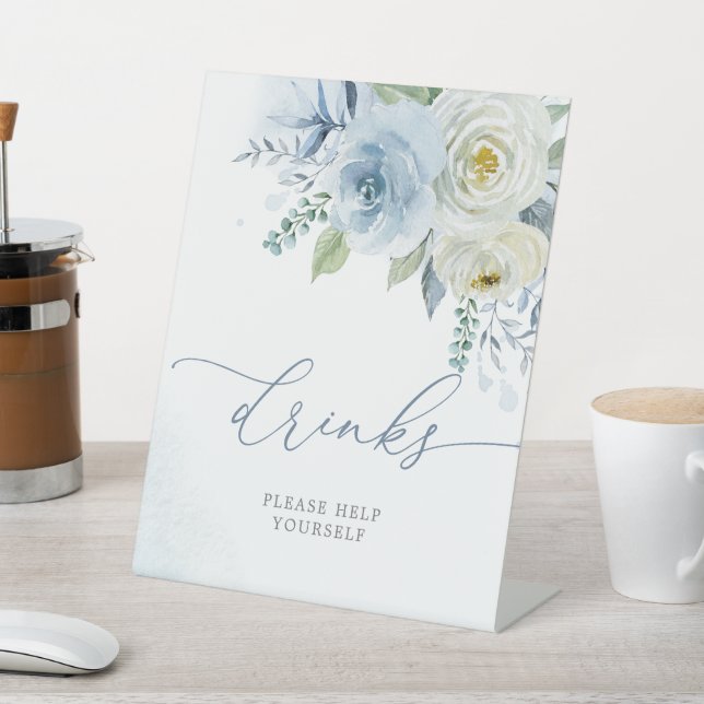 Dusty Blue Rose Flowers Shower Drinks Sign (In SItu)