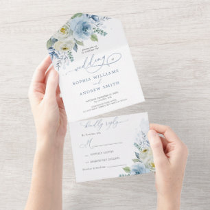 Dusty Blue Rose Flowers Wedding  All In One Invitation
