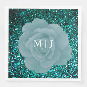 Dusty Blue Rose Glittery Monogram Elegant Wedding Napkin