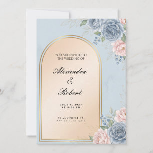 Dusty Blue Rose Gold Arch Wedding Invitation