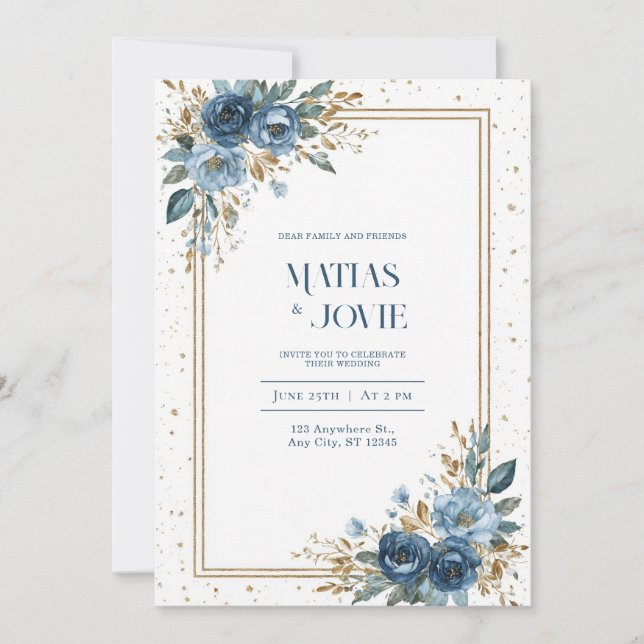 Dusty Blue Rose & Gold Botanical Wedding  Invitation (Front)