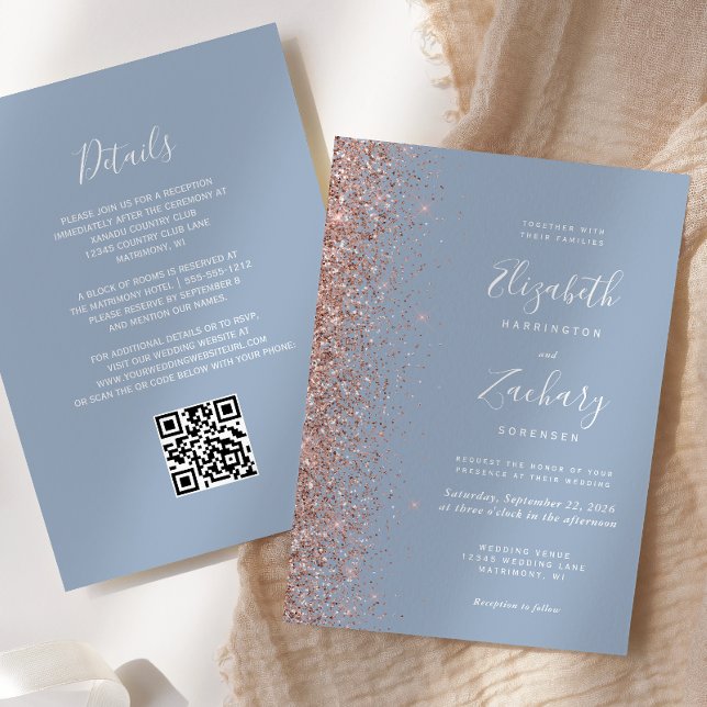 Dusty Blue Rose Gold Glitter QR Code Wedding Invitation (Creator Uploaded)