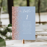Dusty Blue Rose Gold Glitter Wedding Table Number<br><div class="desc">The left-hand edge of this elegant modern wedding table number card features a rose gold faux glitter border. The word "table" appears in white whimsical handwriting script on a dusty blue background. Add the names of your guests who are assigned to each table.</div>